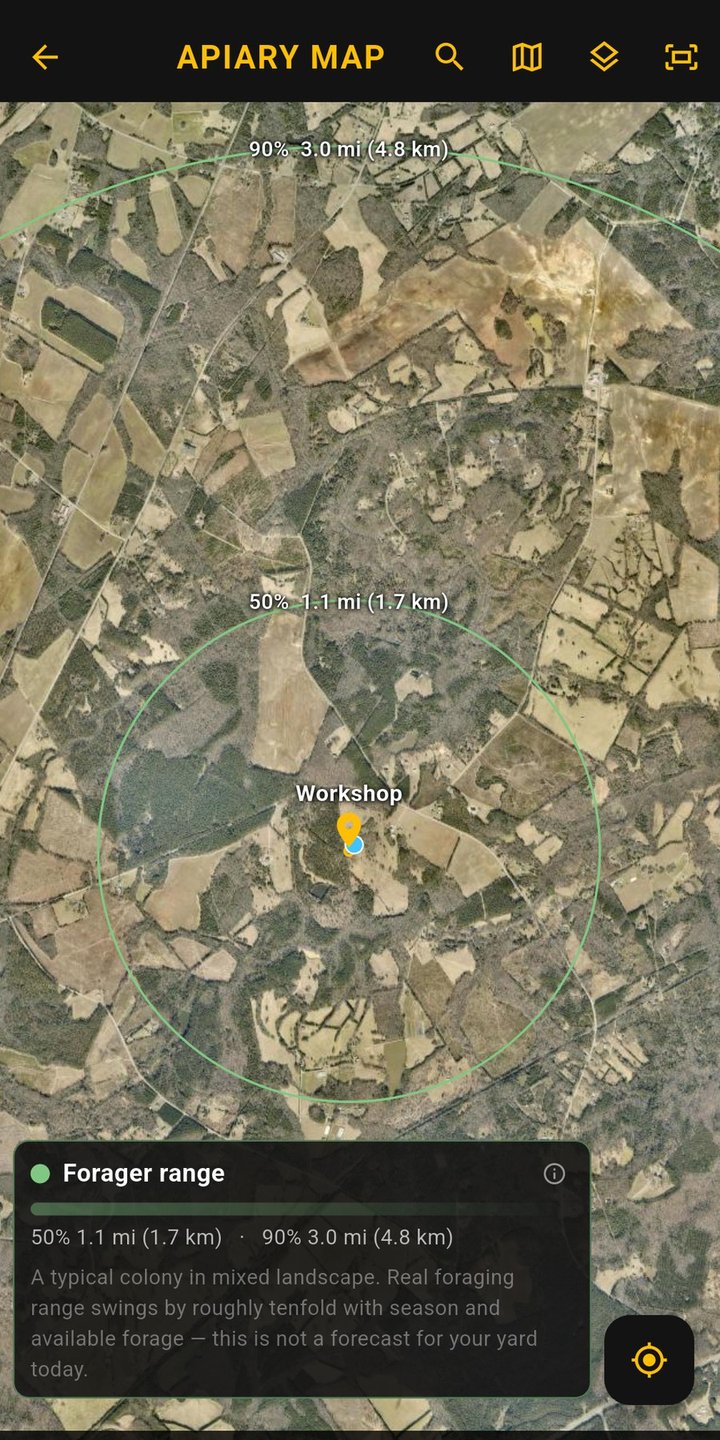 The apiary map: the apiary pinned where it stands, with its forager-range rings.