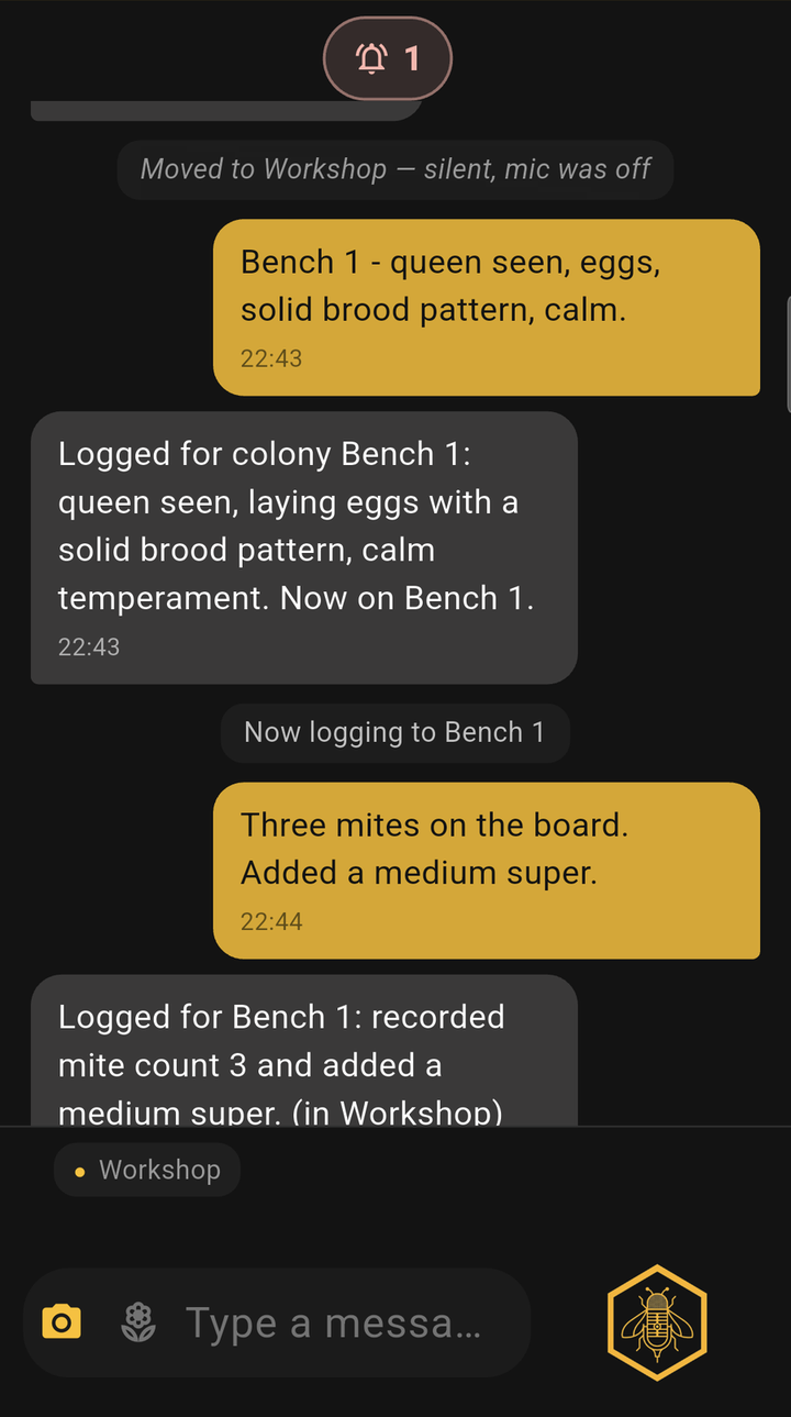 A logged inspection: you speak, Stinger reads back what it recorded and anchors to the colony.