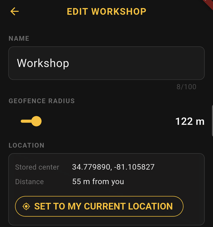 The apiary edit screen: name, geofence radius, and one tap to pin the apiary to where you stand.